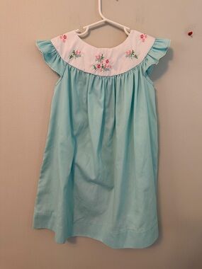 Classic Whimsy Aqua Blue Girls with Embroidered With Flowers and Birds